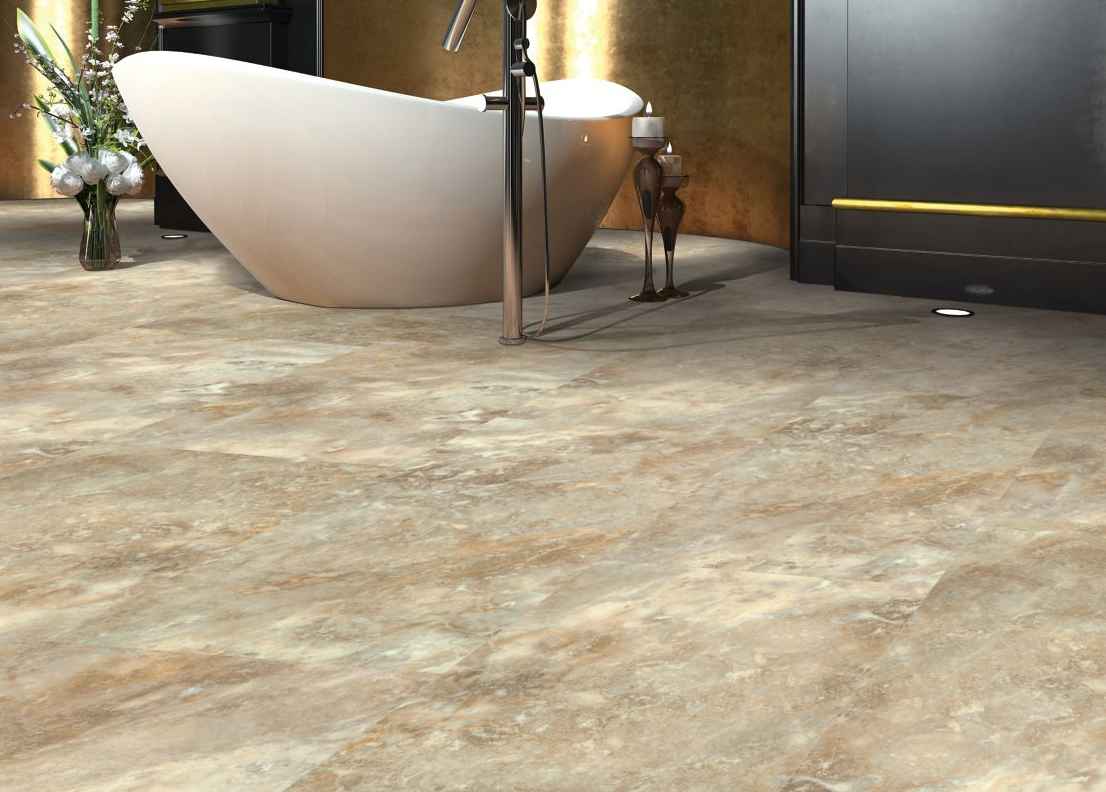 Large stone-look Mohawk luxury vinyl tiles in cream and brown marbling compliment chic bathroom design.